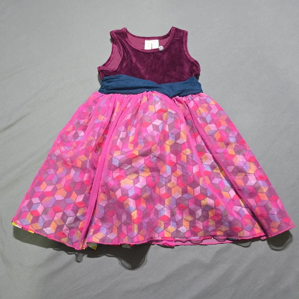 Paint By Numbers Dress Girls 6 Purple Pink Velvet Geometric Tulle D14123